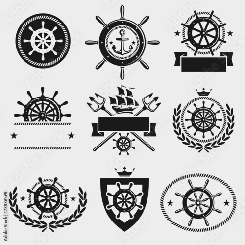 Ship steering wheel label and element set. Vector
