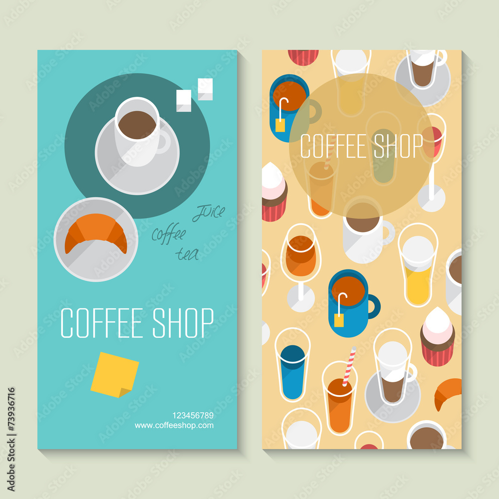 Coffee shop business card template with flat icons