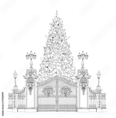 Christmas tree in front of Buckingham palace gate London, sketch