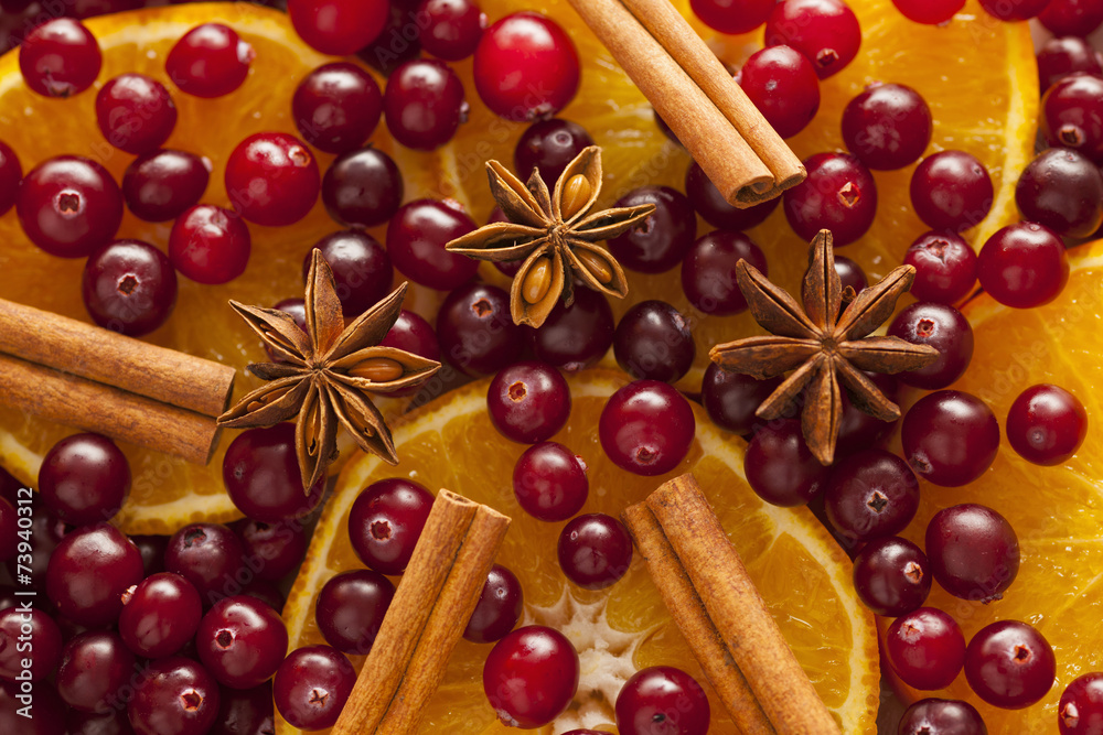 Cinnamon sticks, star anise, orange slices and cranberries Cinnamon sticks, star anise, orange slices and cranberries