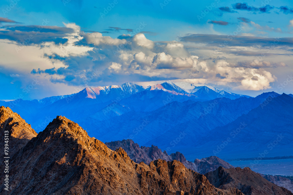 Himalayas mountains on sunset