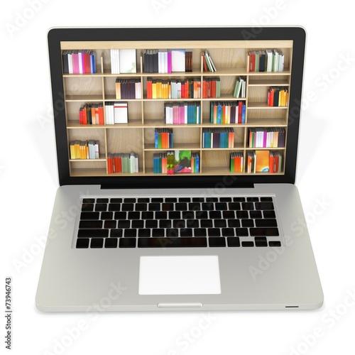 3d laptop with book shelves