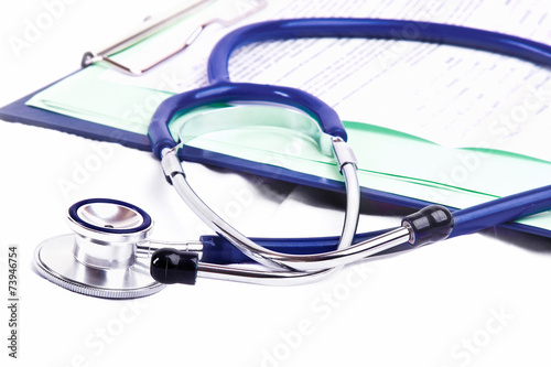 stethoscope and clipboard isolated on white background