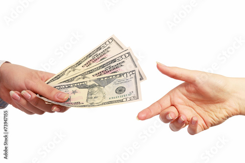 Hand giving money, isolated on white background