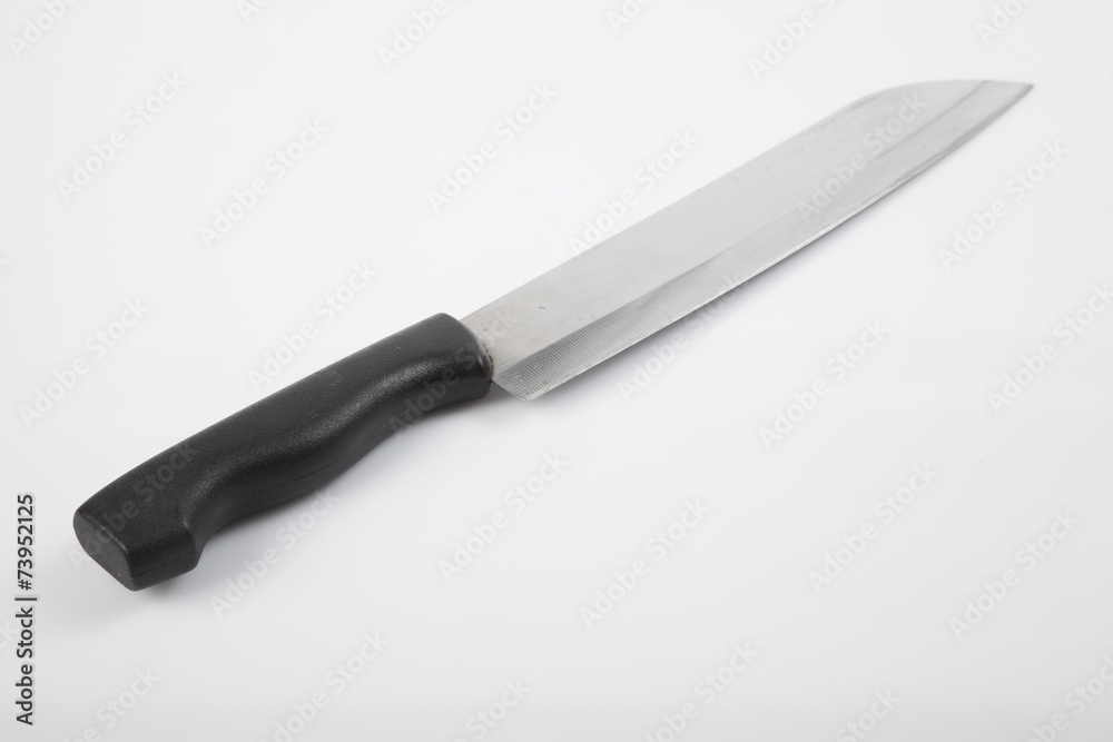 Stainless steel knife with black handle on white background Stainless steel knife with black handle on white background