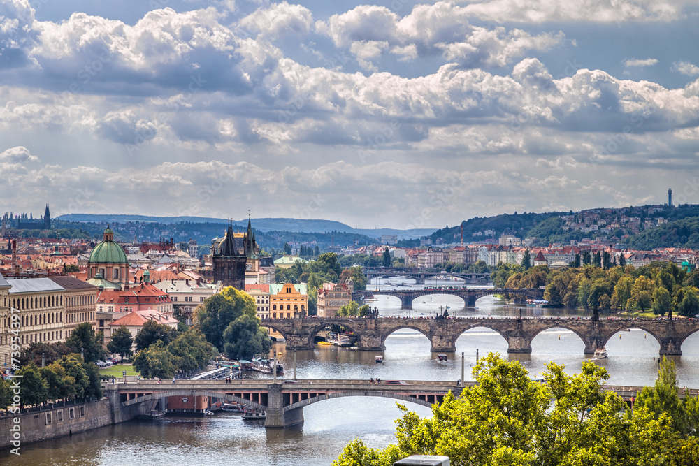 Fototapeta premium Bridge and rooftops of Prague