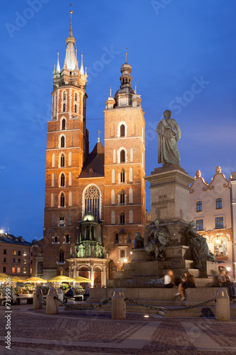 St Mary Basilica and Adam Mickiewicz Monument at Night in Krakow