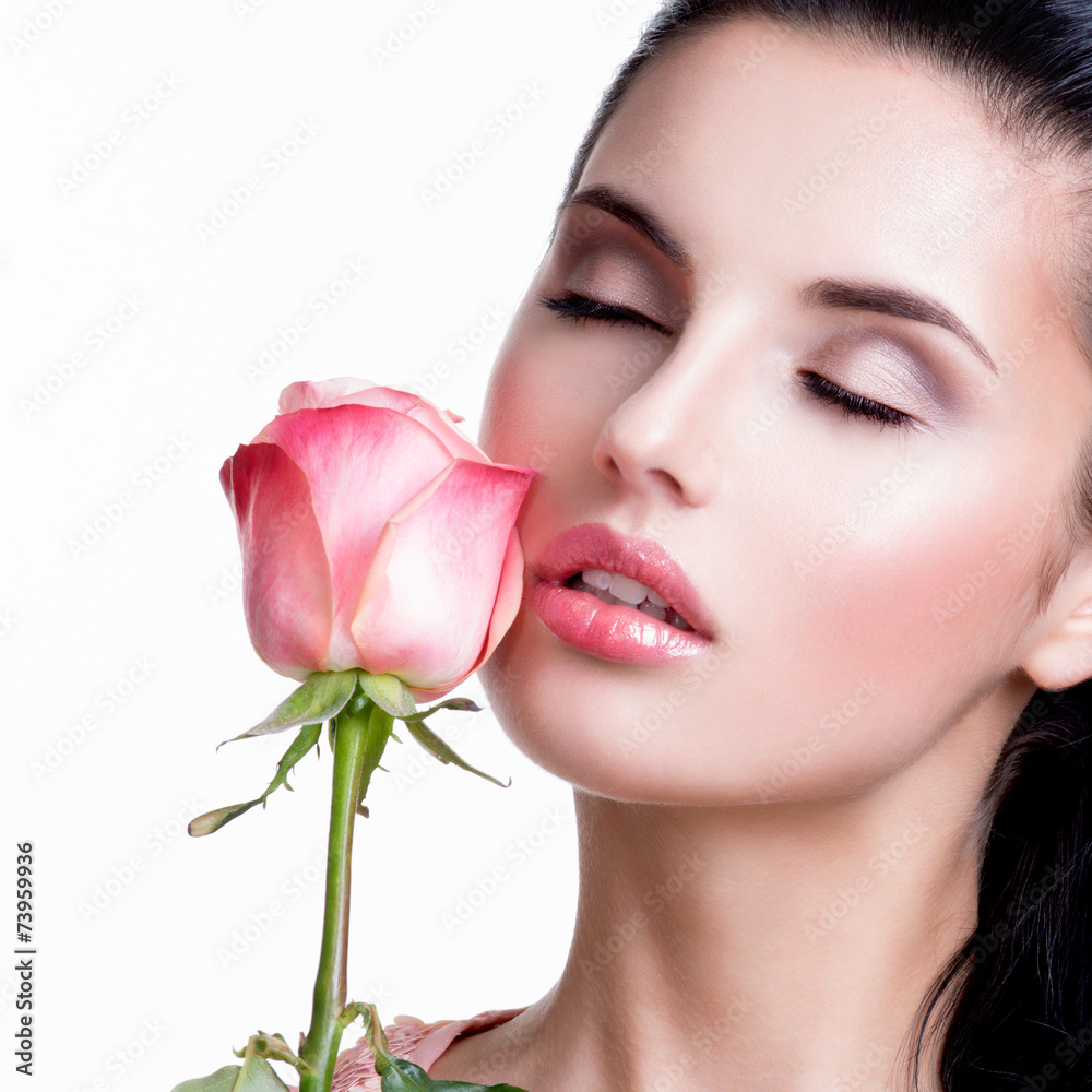 Sensual beautiful woman with pink rose. Sensual beautiful woman with pink rose.