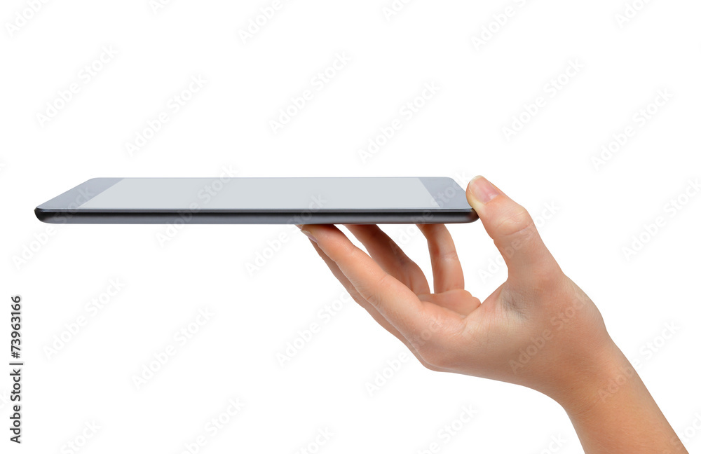 hand holding digital tablet pc on white background hand holding digital tablet pc on white background