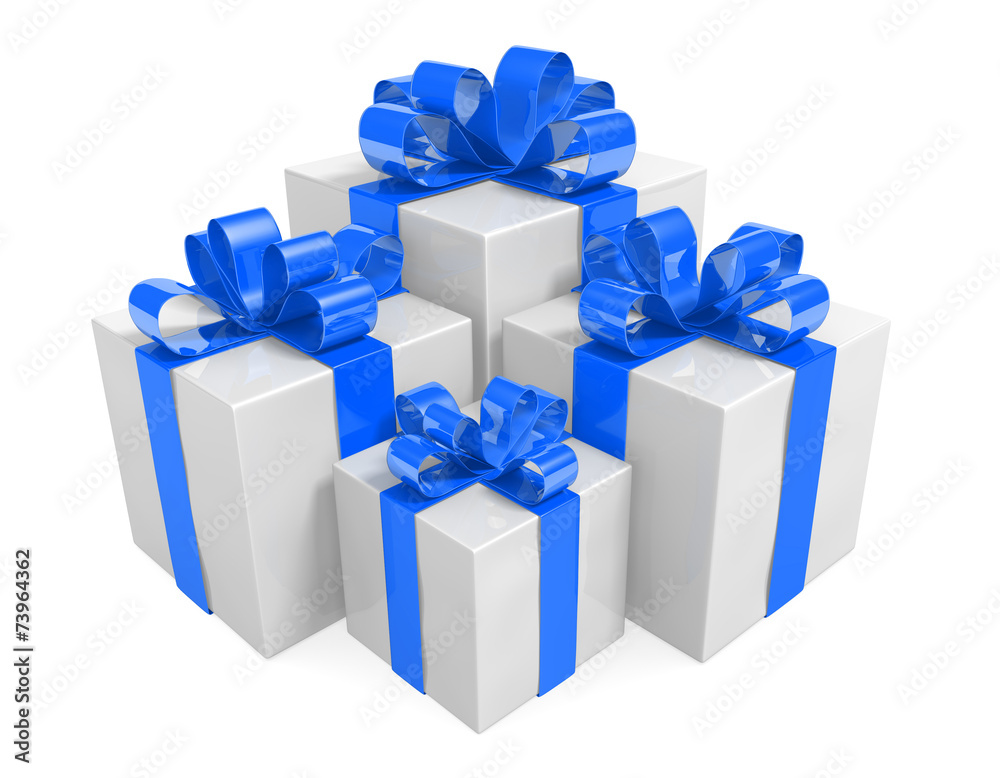 White gift box set decorated with beautiful blue ribbons White gift box set decorated with beautiful blue ribbons