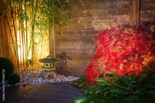 Japanese  zen garden lightened by spot lights at night