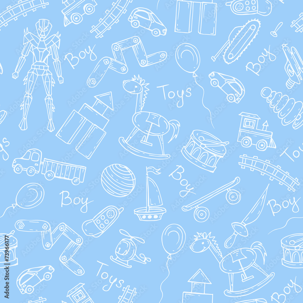 Vector pattern with hand drawn toys for boys in blue