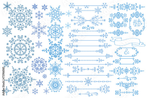 Snowflake,Border,frame set.Winter doodles decor