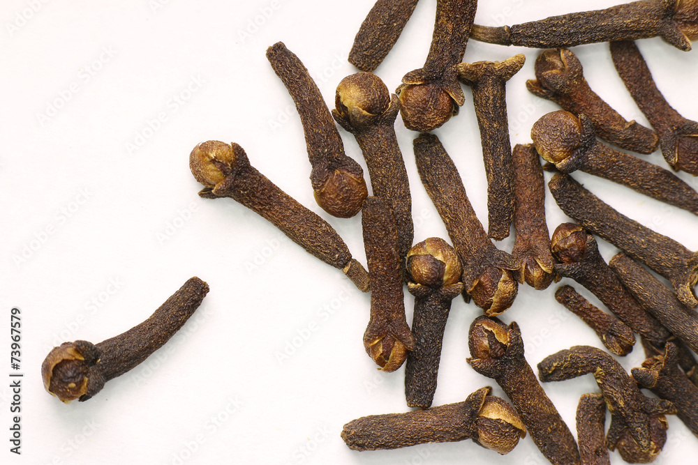 Spicy clove seeds closeup isolated on white background. Spicy clove seeds closeup isolated on white background.