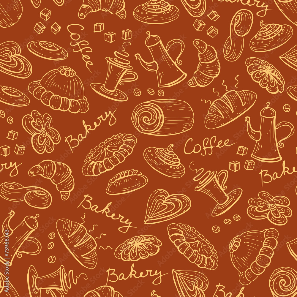 Vector pattern with cup of coffee and bread bakery products