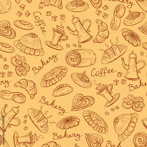 Vector pattern with coffee cup and bread bakery products