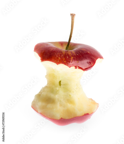 Half eaten apple on white background.
