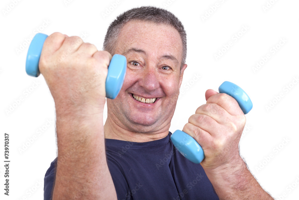 Elderly man with dumbbells during sport Elderly man with dumbbells during sport