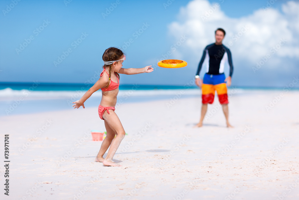 Father and daughter playing with flying disk