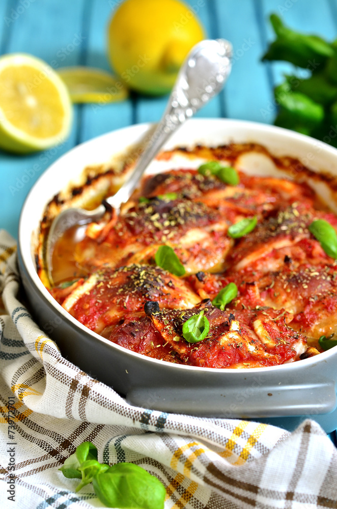 Chicken legs stewed in sweet and sour sauce.