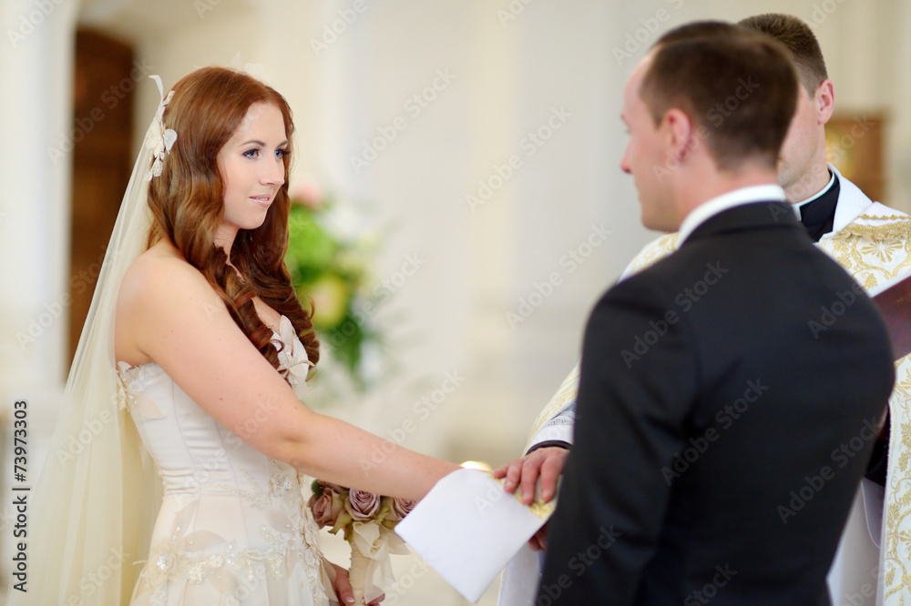 Bride and groom at the church during a wedding