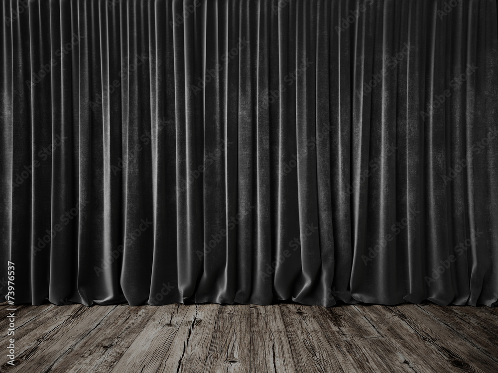 Dark grey curtains and grunge floor - obrazy, fototapety, plakaty 