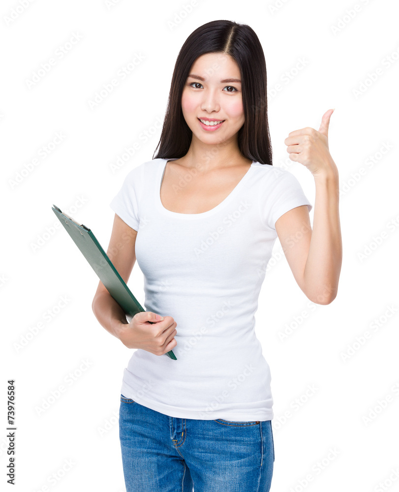 Woman with clipboard and thumb up Woman with clipboard and thumb up