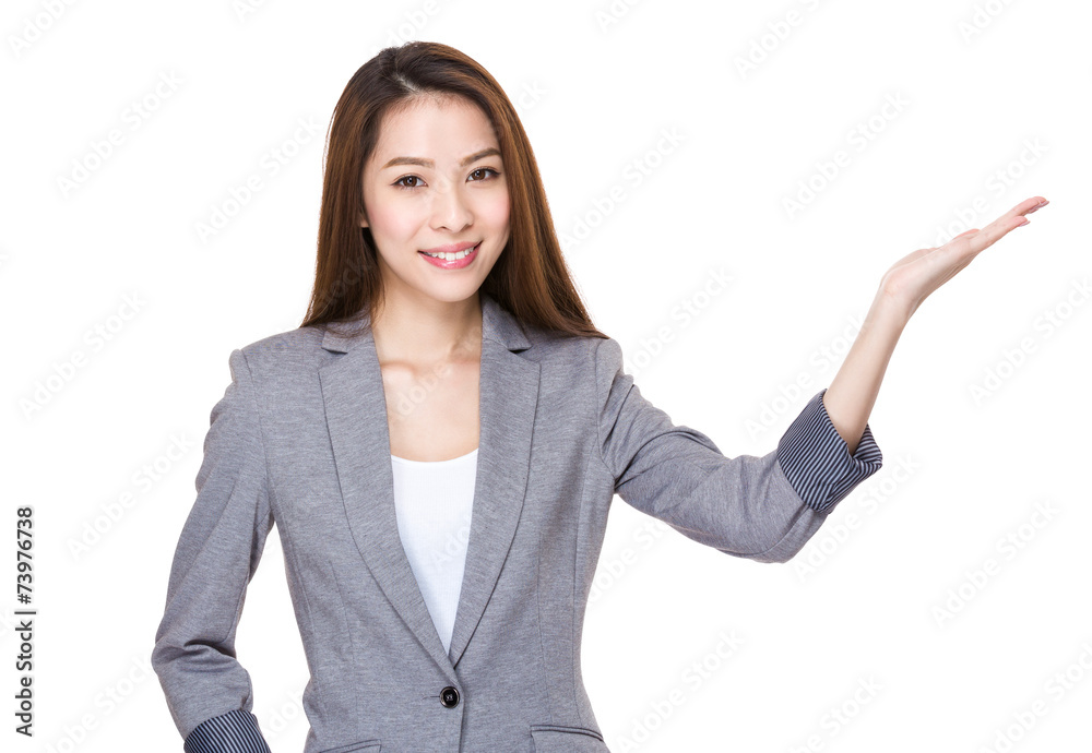 Businesswoman with open hand palm Businesswoman with open hand palm
