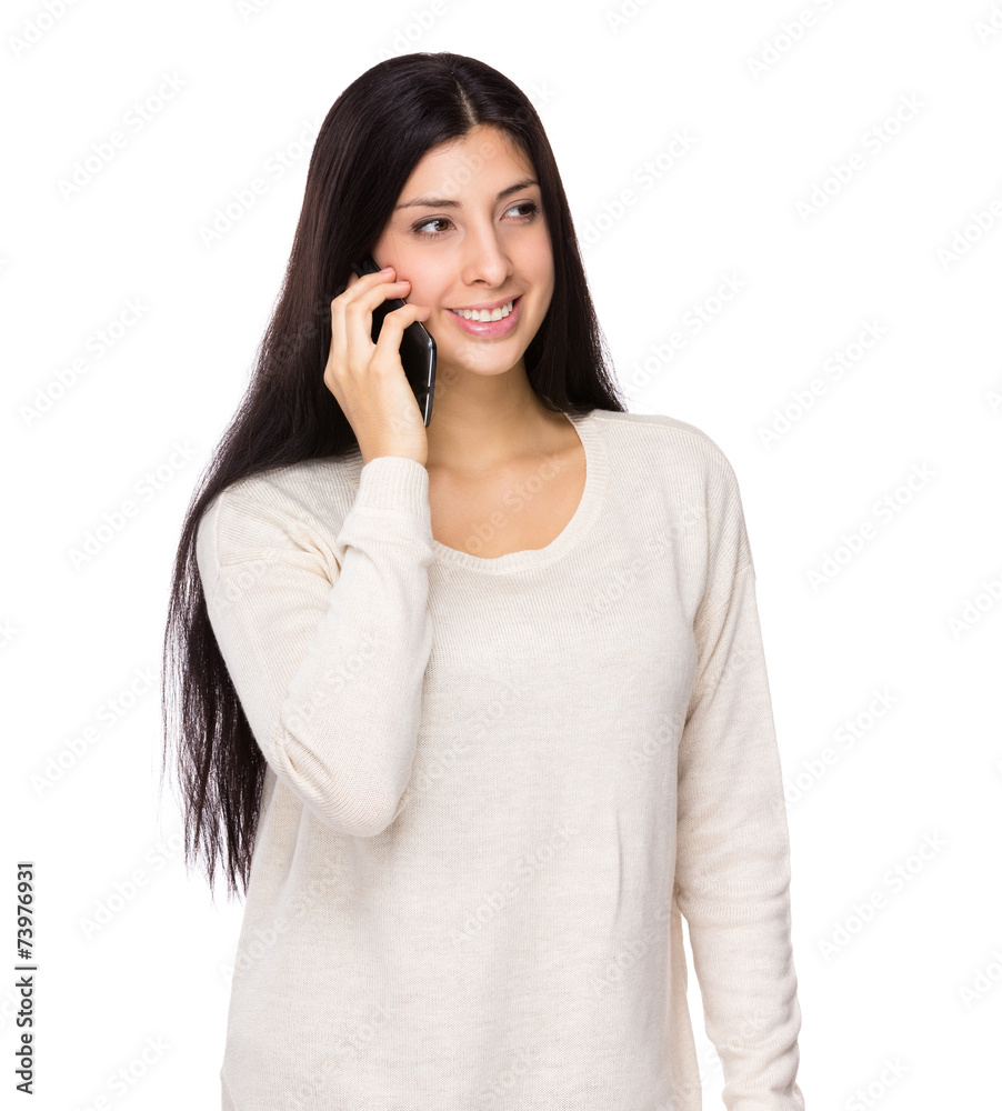 Woman talk to phone Woman talk to phone