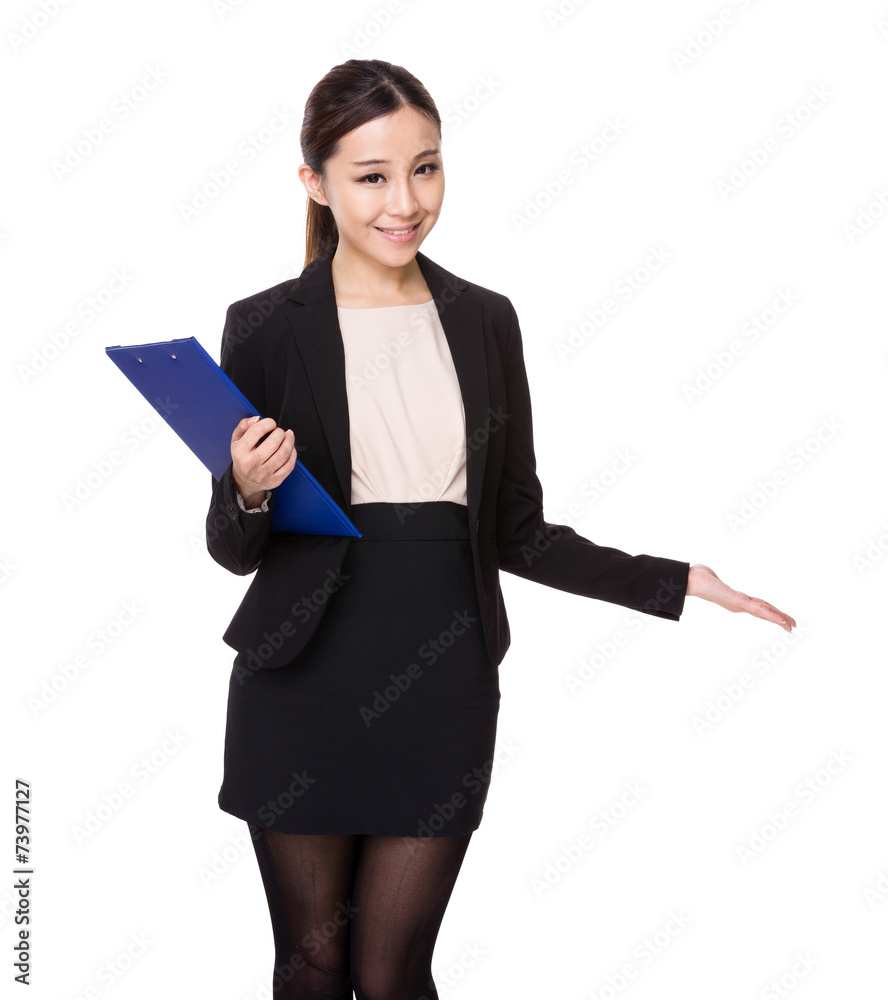 Businesswoman with clipboard and open hand palm Businesswoman with clipboard and open hand palm