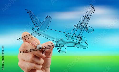 hand drawing airplane on blur blue sky background