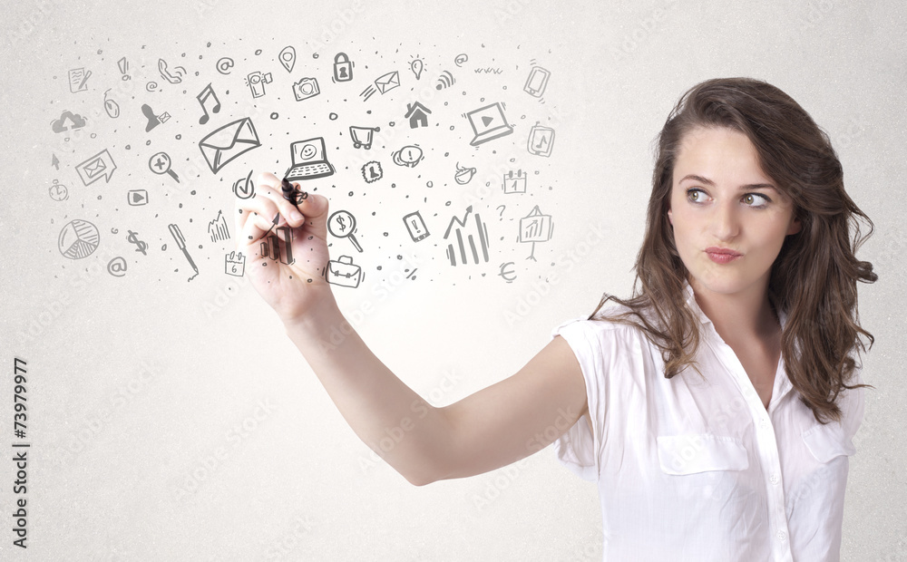 Young woman drawing and sketching icons and symbols Young woman drawing and sketching icons and symbols