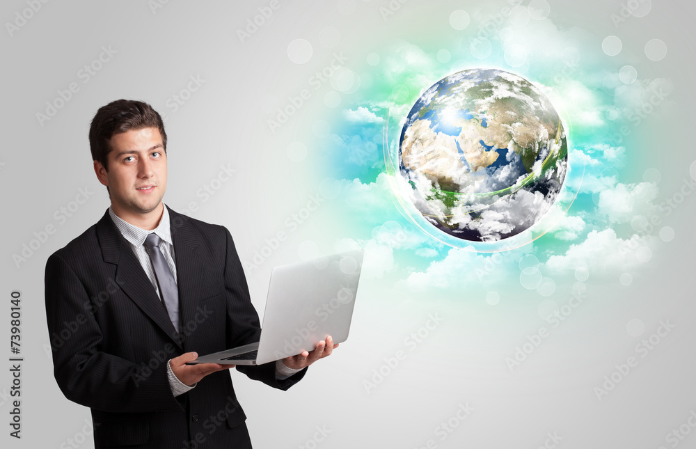 Young man with earth and cloud concept Young man with earth and cloud concept