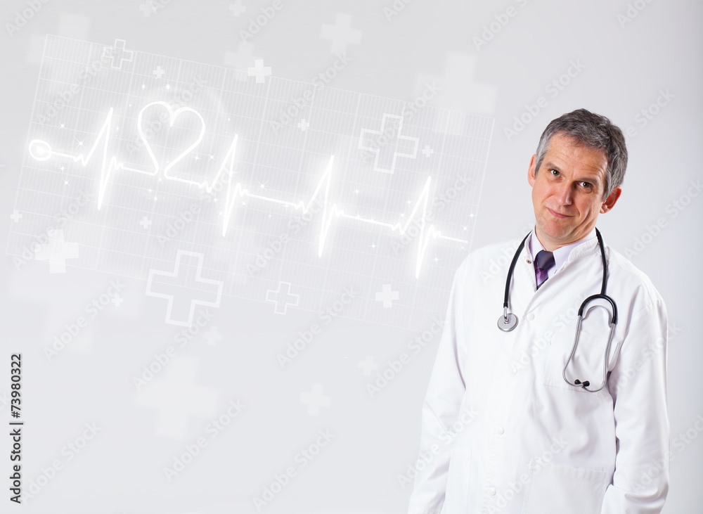 Doctor examinates heartbeat with abstract heart Doctor examinates heartbeat with abstract heart