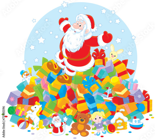 Santa Claus on a big pile of Christmas gifts