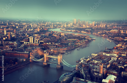 London aerial view with Tower Bridge in sunset time