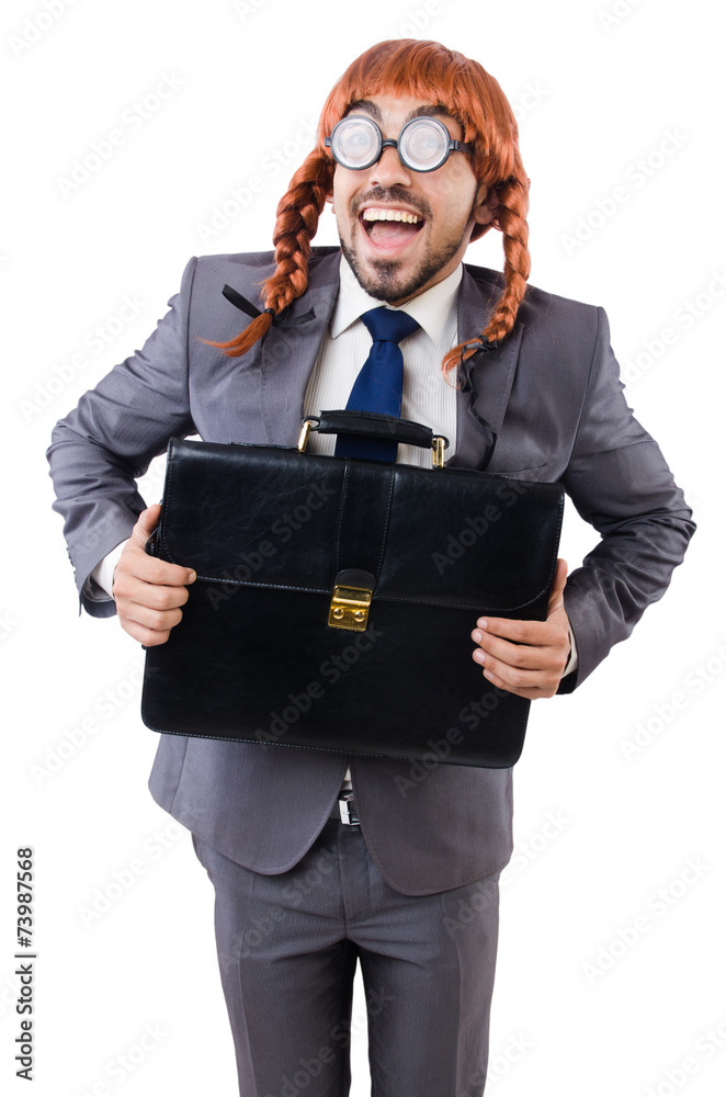 Funny businessman with female wig isolated on white Funny businessman with female wig isolated on white