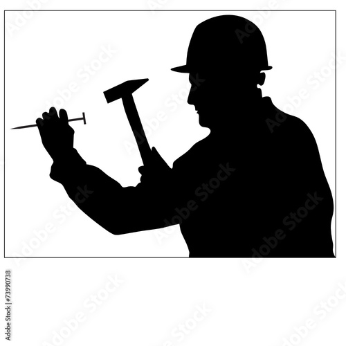 man uses a hammer to hit a nail vector silhouettes