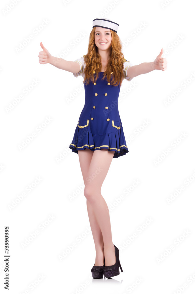 Woman airhostess thumbs up isolated on the white Woman airhostess thumbs up isolated on the white