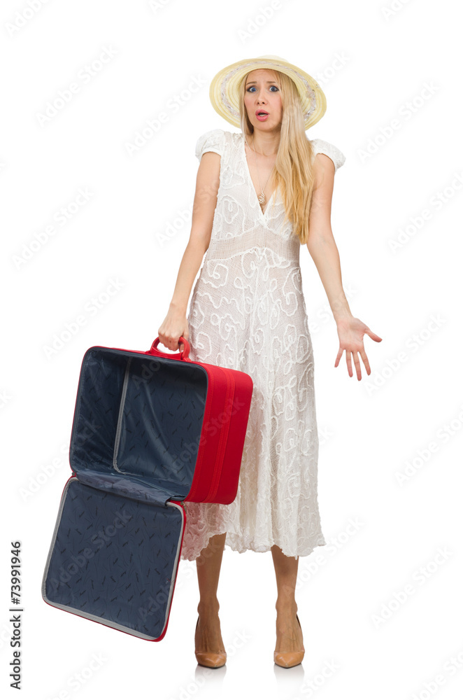 Woman with red suitcase isolated on white Woman with red suitcase isolated on white