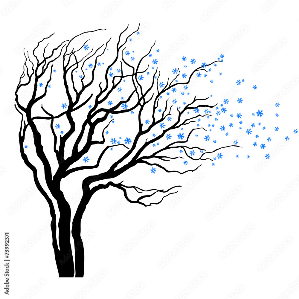 tree with leaves full of snowflakes in wind