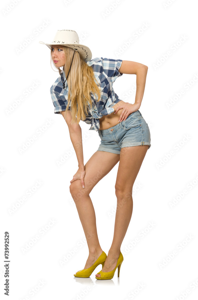 Woman wearing cowboy hat isolated on white Woman wearing cowboy hat isolated on white