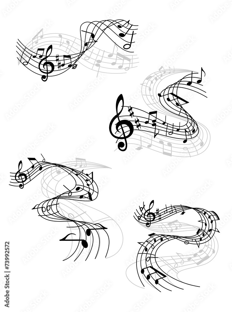 Music notes on swirling staves Music notes on swirling staves