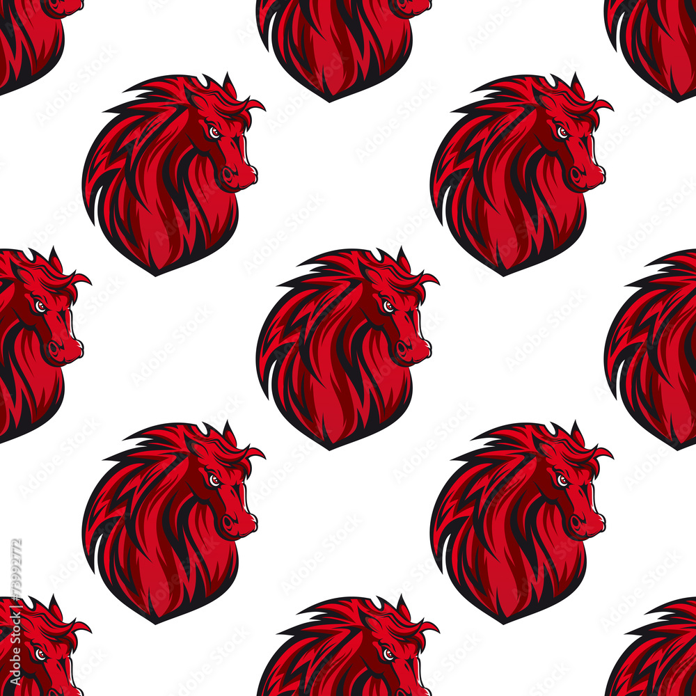 Seamless pattern of red horses heads - obrazy, fototapety, plakaty 