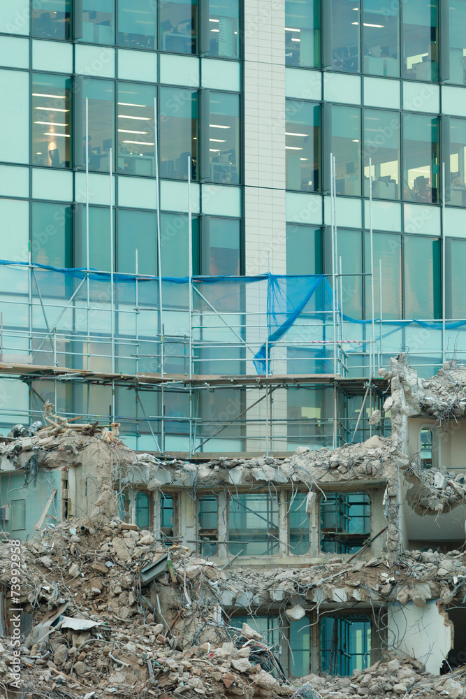 Ruins of building under destruction, urban scene.