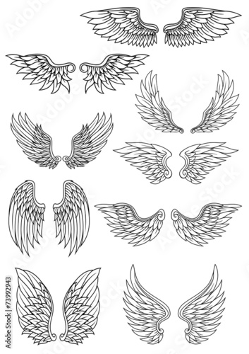 Set of outline heraldic wings