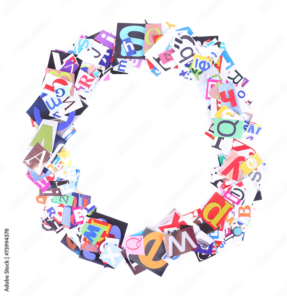 Letter O made of colorful newspaper letters isolated on white