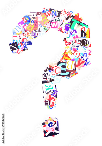 Question mark made of colorful newspaper letters isolated