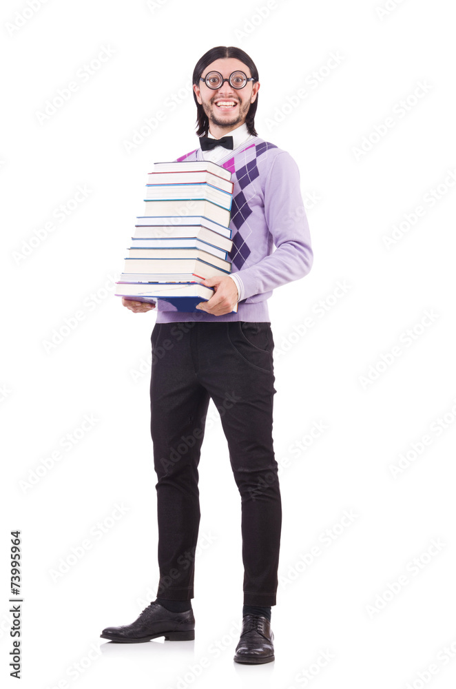 Funny student with books isolated on white Funny student with books isolated on white