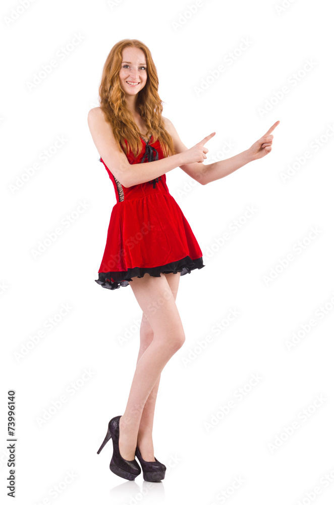 Fototapeta premium Woman pressing virtual button isolated on white